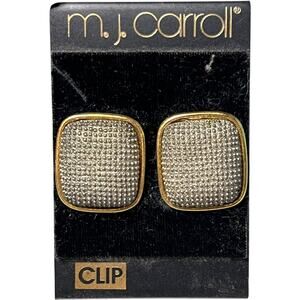 Vintage MJ Carroll Gold Tone Crystal Rhinestone Square Clip Earrings